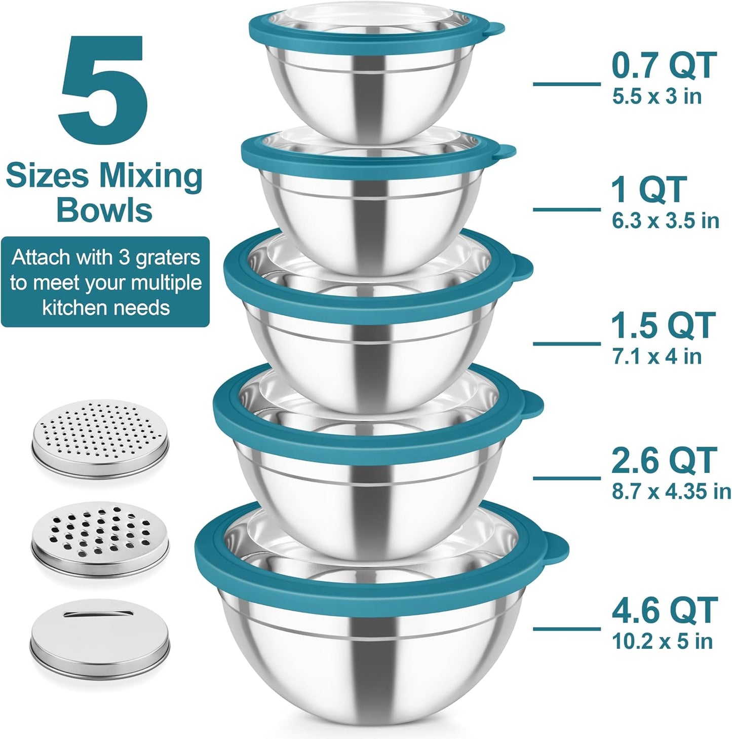 TeamFar Mixing Bowls, Stainless Steel Salad Serving Bowl with Clear Lids & 3 Graters, For Kitchen Cooking Prepping Storing, Size 4.6/2.6/1.5/1/0.7 QT, Nesting & Airtight, Set of 5 & Khaki