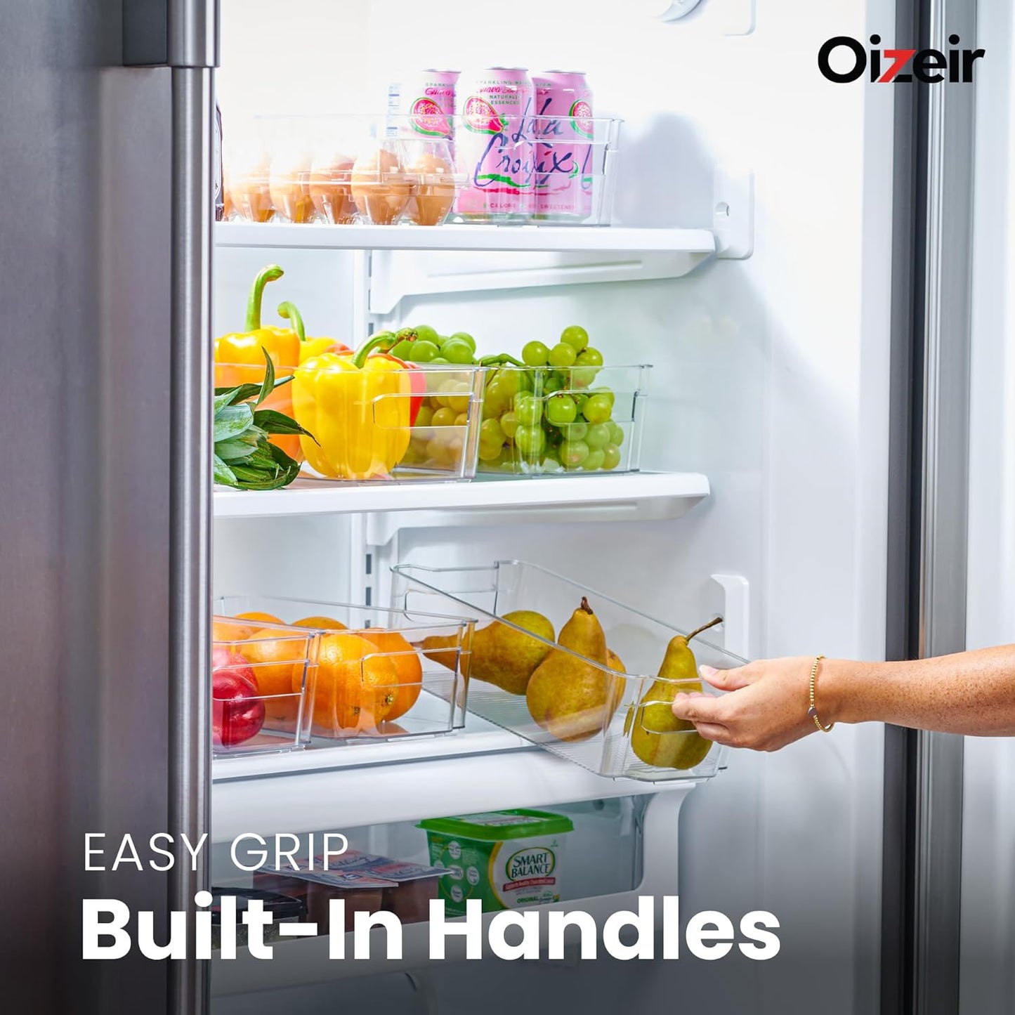Oizeir Clear Pantry Organizer Bins 8-Pack - Fridge Organizer with 3 Removable Dividers, Ideal for Kitchen, Pantry, Refrigerator, Freezer, and Snack Storage