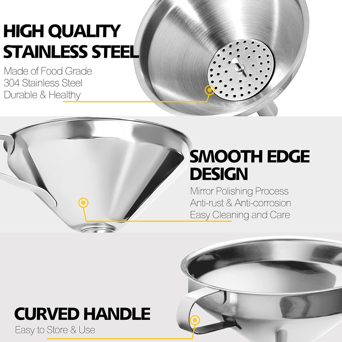 Anaeat Stainless Steel Mini Kitchen Funnel Set, Durable Metal Filling Funnels for Transferring Liquid, Dry ingredients, Cosmetic Lotion, Fluid, Spices, Powder - Food-Grade & High Heat Resistant