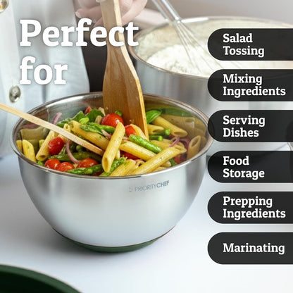 Priority Chef Stainless Steel Mixing Bowls with Lids Set, Metal Nesting Bowls with Airtight Lids, Graters, Non-Slip Base & Measurement Marks, Includes Utensil Set for Prep, Baking & Storage, Black