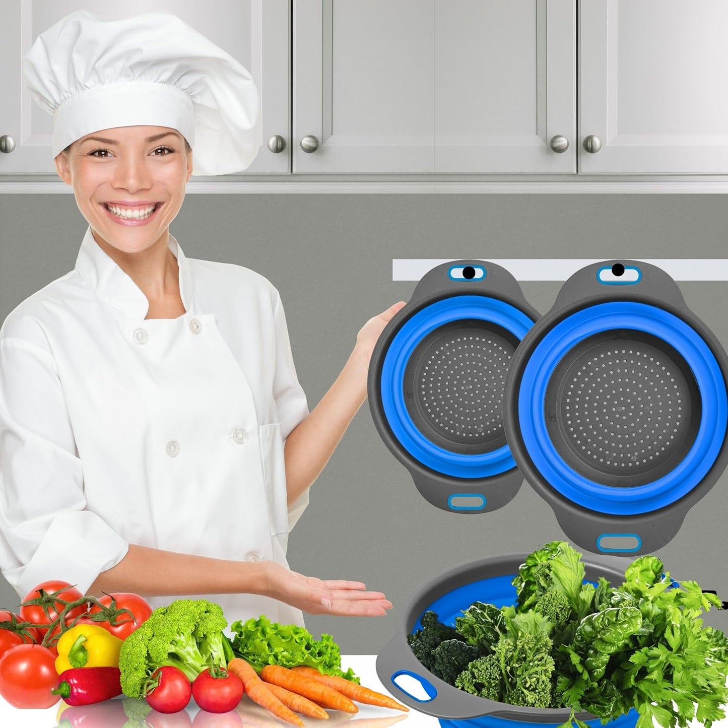 3PCS Green Foldable Kitchen Strainer Set – Silicone Colander Collapsible Strainers and Colanders Green Collander for Kitchen Collapsible Compact Drain Tools for Cooking Prep