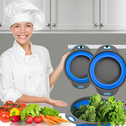 3PCS Green Foldable Kitchen Strainer Set – Silicone Colander Collapsible Strainers and Colanders Green Collander for Kitchen Collapsible Compact Drain Tools for Cooking Prep