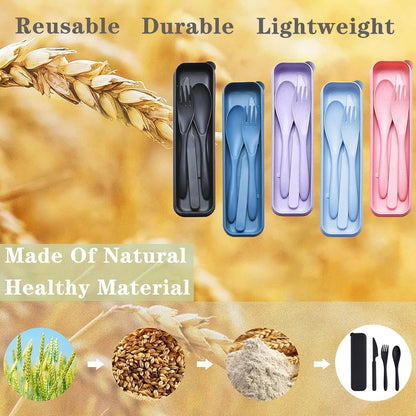 Reusable Travel Utensils Set with Case, 2 Sets Wheat Straw Portable Plastic Fork Spoons Knife Cutlery, Camping Eco-Friendly BPA Free Tableware for Kids Adults Work Picnic or Daily Use (Pink)
