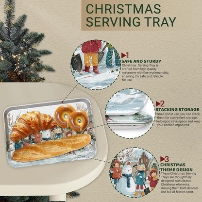4 Pack Christmas Serving Trays, 15 x 11 Inch Melamine Holiday Platters with Winter Village, Ice Skating, and Camping Designs, Reusable Festive Trays for Snacks, Cookies, and Entertaining