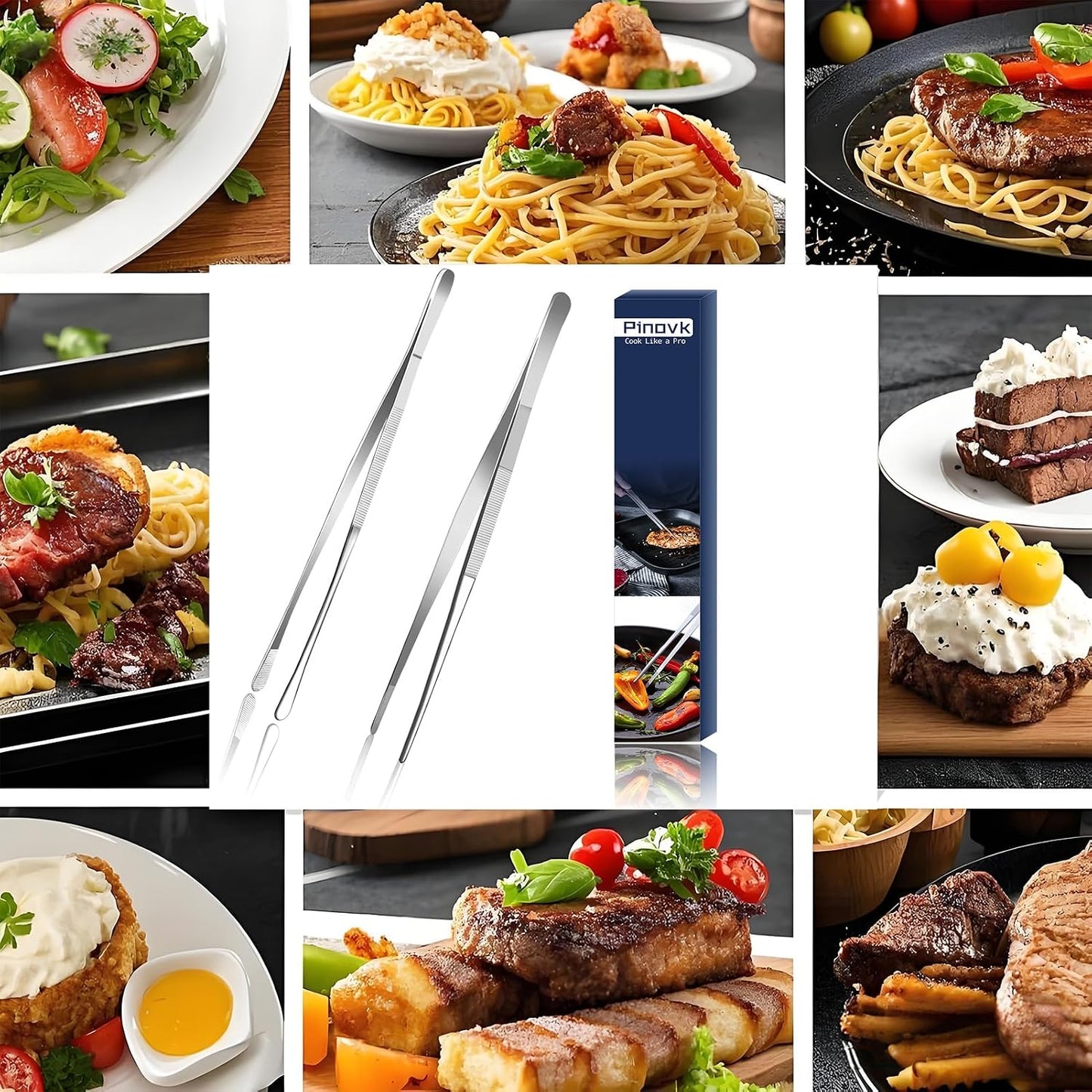 Pinovk 2 Pcs 12-Inch Kitchen Tweezers, Extra-Long Stainless Steel Cooking Tweezer Tongs for Plating, Roasting, Serving Food, Silver