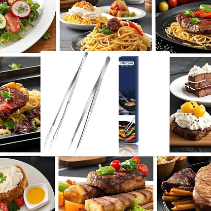 Pinovk 2 Pcs 12-Inch Kitchen Tweezers, Extra-Long Stainless Steel Cooking Tweezer Tongs for Plating, Roasting, Serving Food, Silver