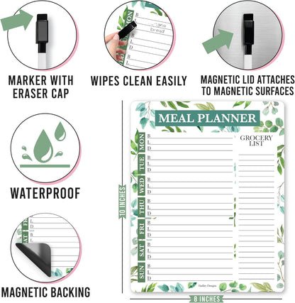 Hadley Designs Weekly Meal Planner for Fridge - Dinner Menu Board for Kitchen, Greenery Weekly Menu Board Dry Erase, Dry Erase Meal Planner for Fridge