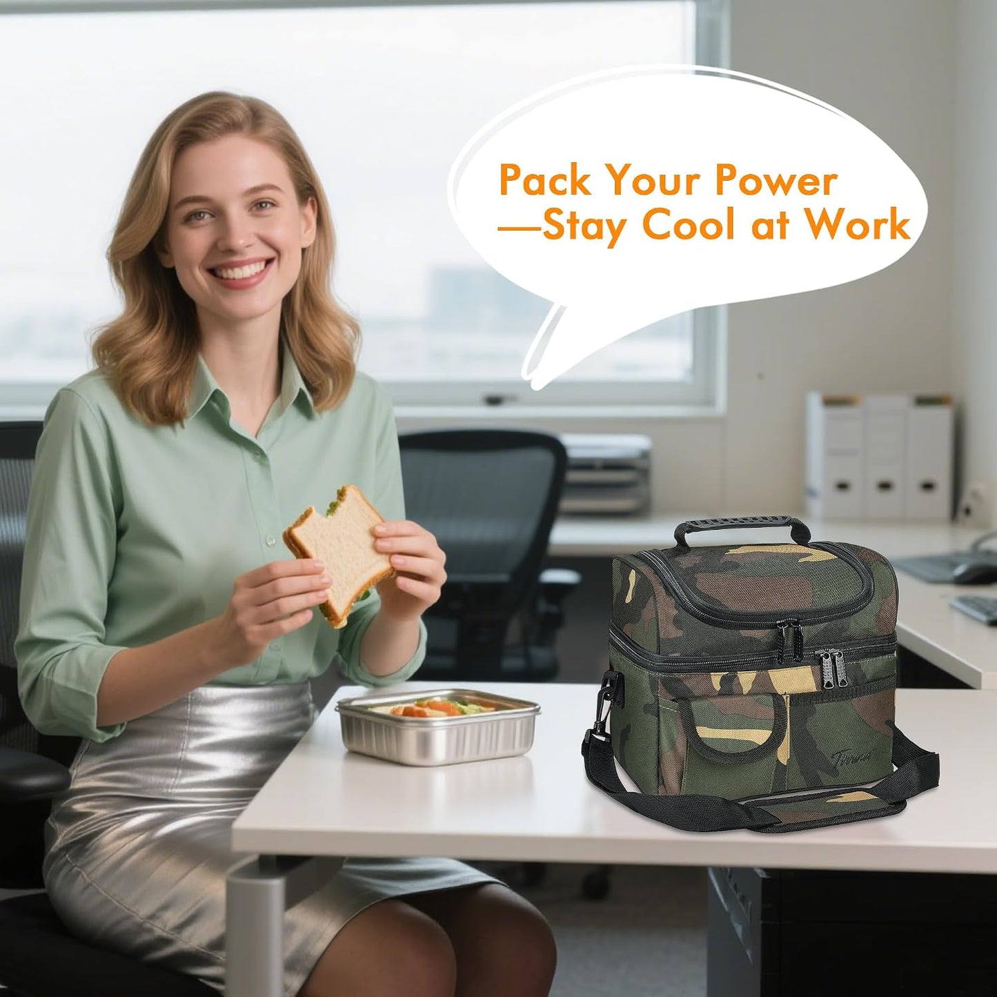 Tirrinia Reusable Lunch Box for Men Women, Insulated Lunch Bag Adult Work, Double Decker Leakproof Lunchbox for Office Picnic Beach—Dual Compartment Lunch Cooler Bag