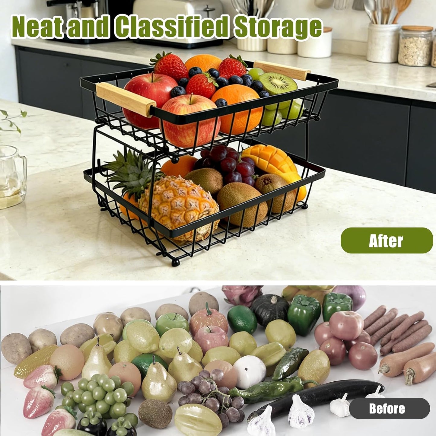 2 Tier Fruit Basket for Kitchen Counter, Large Fruit Holder with 2 Banana Hooks, Detachable Metal Fruit Stand with Wooden Handle, Kitchen Storage Cart,Vegetable Basket, Snack Rack