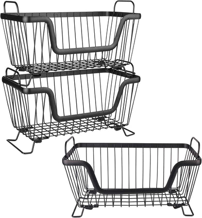 LOTTS Stackable wire basket for pantry, Metal Pantry basket, Storage Organizer Bin with Handles, Fruit basket for Kitchen Cabinets, Pantry, Closets, Bedrooms, Bathrooms (12.6×6.5×7.6")- 2 Pack