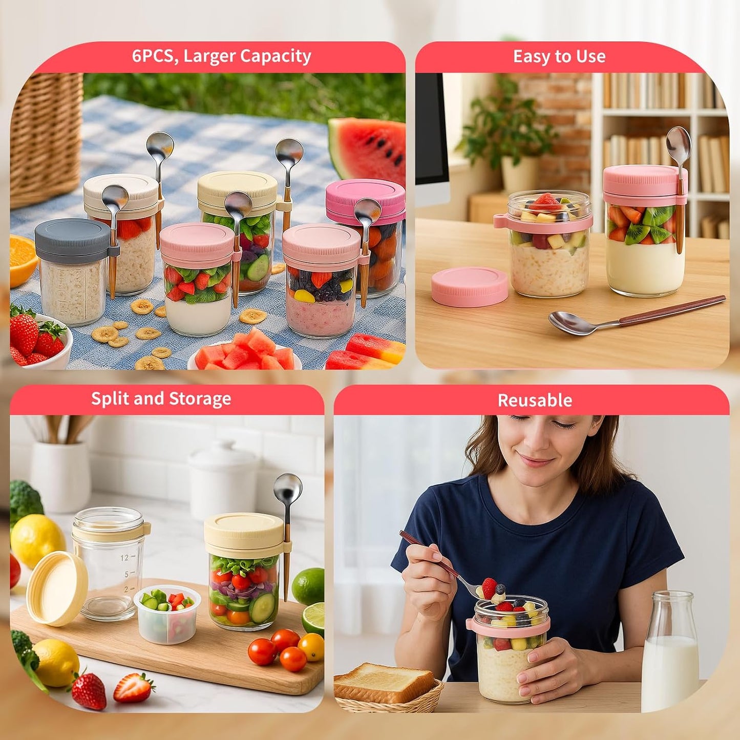 6 Packs Overnight Oats Containers with Lids, 16 Oz Glass Mason Jars with Spoons and Removable Separate Compartments Large Airtight Overnight Oats Jars for Milk Yogurt Fruit Salad