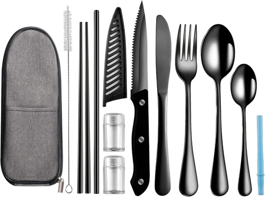 Logcow Travel Utensils Set with Case, 10-Piece Reusable Stainless Steel Camping Cutlery, Portable Fork Spoon Knife Chopsticks & Straw for Work, Lunch, Picnic (Rainbow)