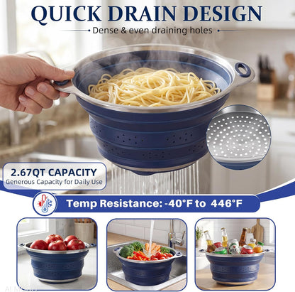 Collapsible Colander Set with Silicone Mat,2-in-1 Stainless Steel Colander for Kitchen, Foldable Metal Colander, Space-Saving for Pasta Veggies Fruit(NAVY BLUE)