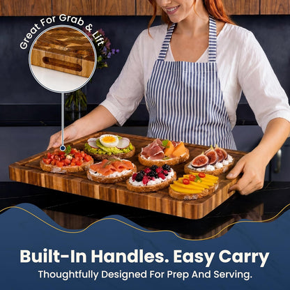 HOMESTEAD End Grain Acacia Wood Cutting Board 23x18x1.5, Reversible Butcher Block Board for Kitchen with Deep Juice Groove, Handles, Knife-Friendly Surface for Meat Chopping and Charcuterie Serving