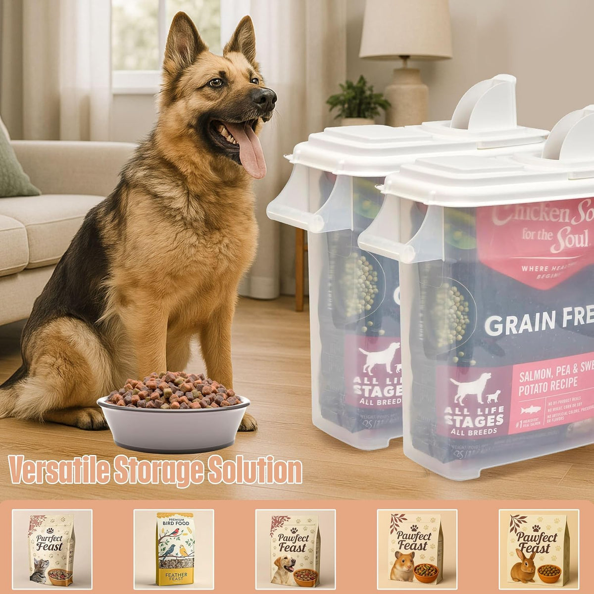 Buddeez Pet Food Storage Dispensers Plastic 4 Gallon - Airtight Flip Top for Freshness - Dry Dog Food, Cat Food or Bird Seed Plastic Containers (Set of 2)