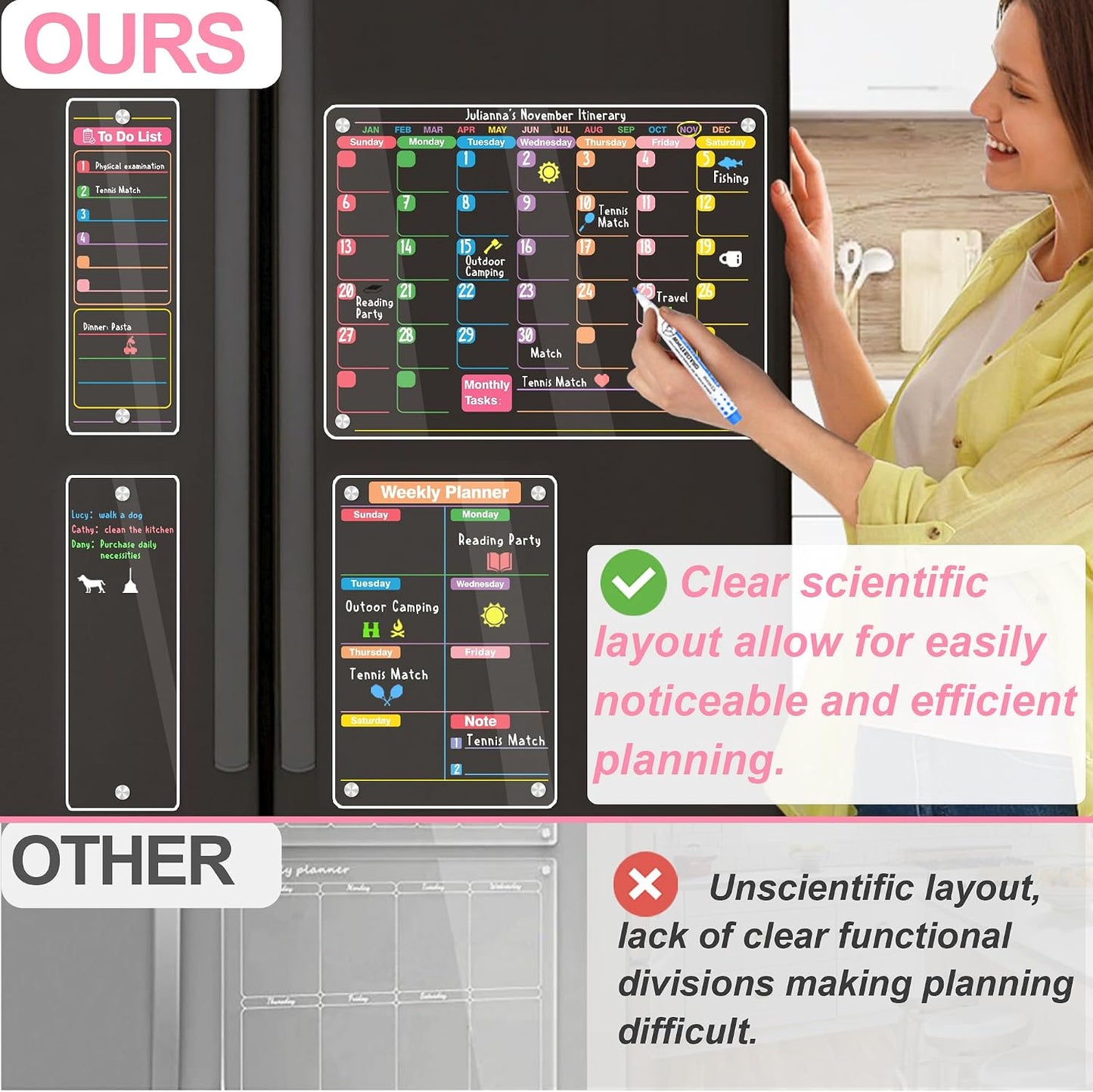 Clear Acrylic Magnetic Calendar for Fridge, 16"x12" Monthly and Weekly Calendar Planner, Dry Erase Board for Fridge, Ideal for Family Organization and Events