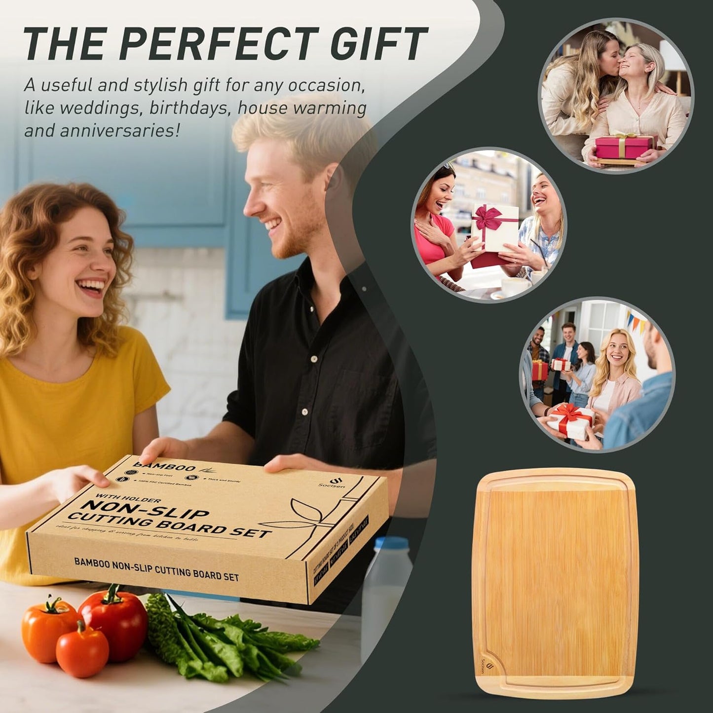 3 Packs Bamboo Cutting Board Set with Non Slip Feet Holder and Over Sink Nice Solid Thick Wood Juice Groove Chopping Board Extra Large Big Small Best Hardwood Kitchen Organic Vegetable Meat BBQ Kit