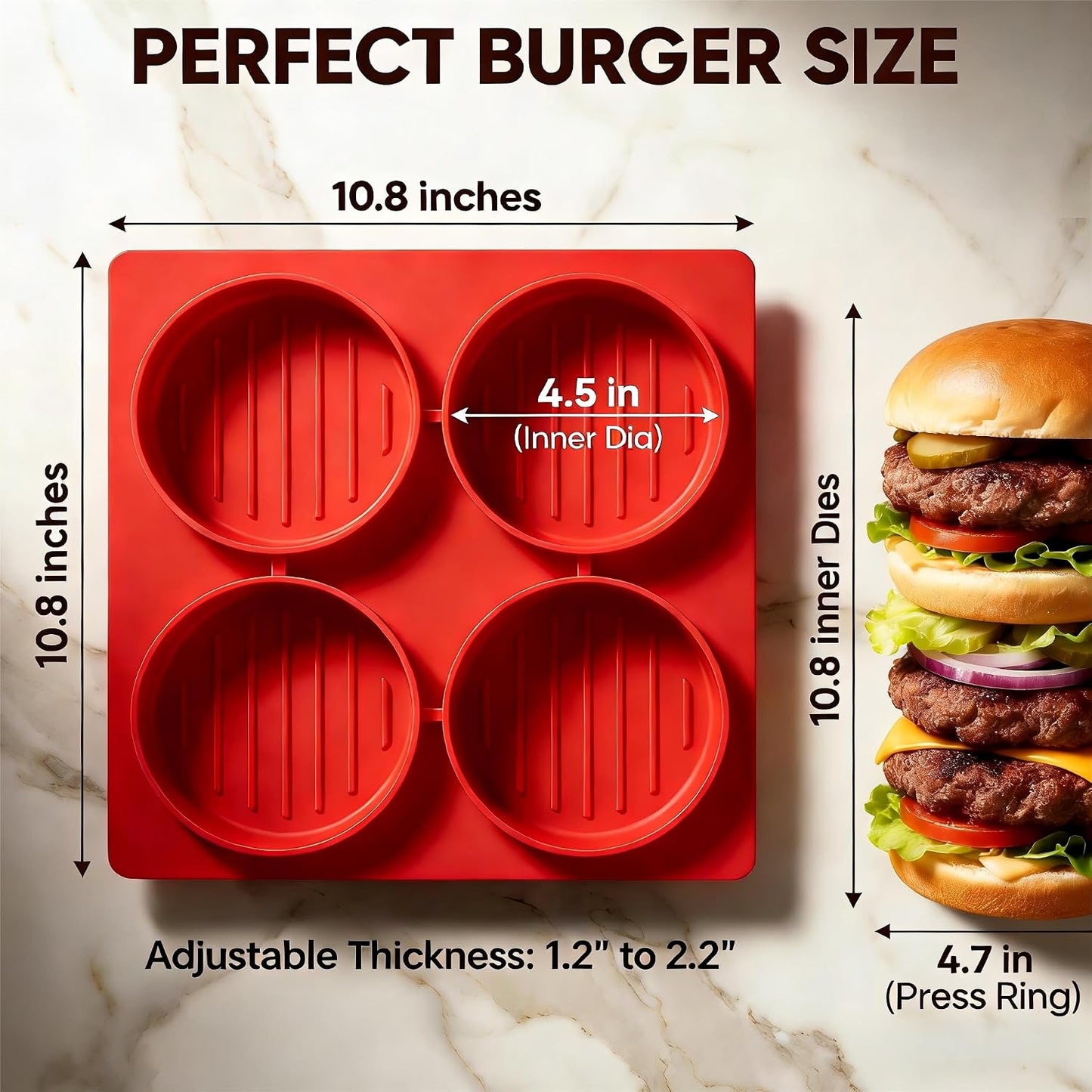 Silicone Burger Press for 4.5" 1/4 LB Patties,4-in-1 Hamburger Patty Maker for Kitchen & BBQ, Non-Stick Mold for Beef,Turkey,Chicken,Pork & Vegetable Blends,Dishwasher & Freezer Safe