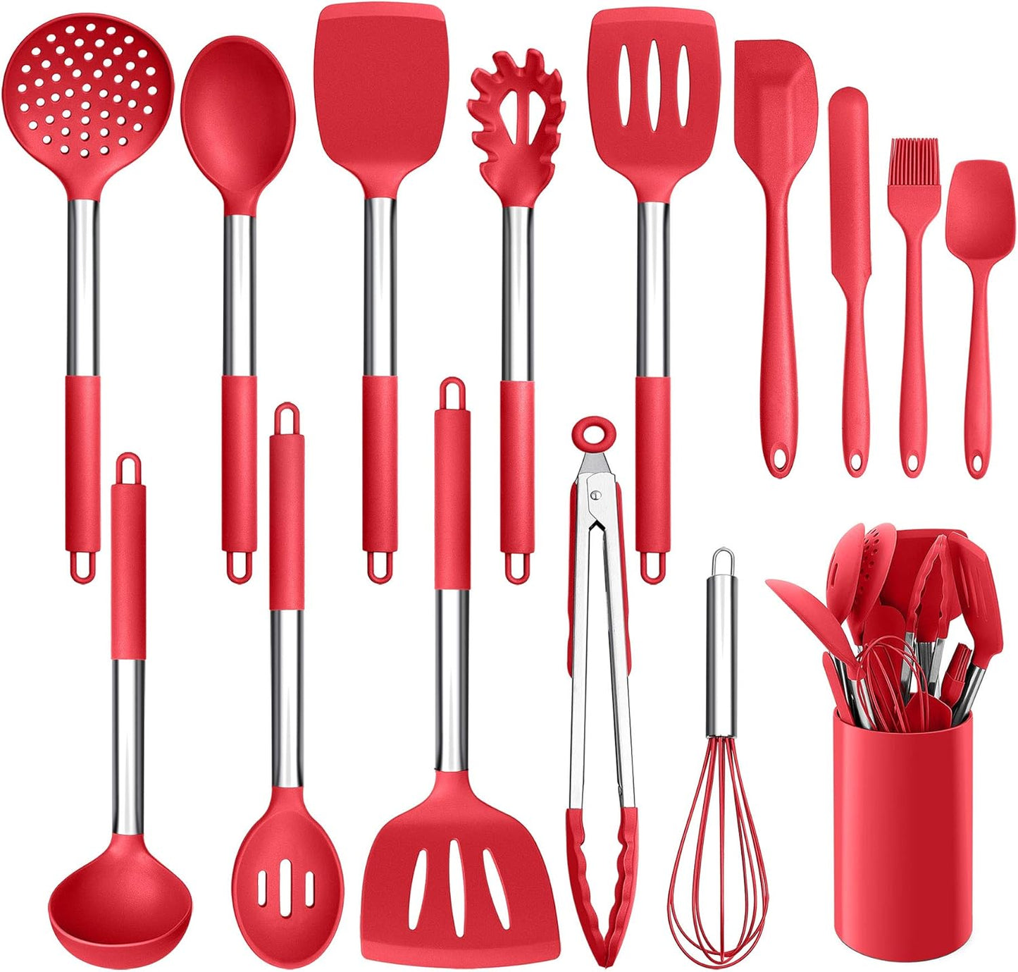 LIANYU 15 Pcs Kitchen Cooking Utensils Set with Holder, Silicone Kitchen Tools with Stainless Steel Handle, Heat Resistant Gadgets, Brush Spatula Spoon Whisk for Cookware, Dishwasher Safe, Khaki