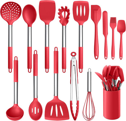 LIANYU 15 Pcs Kitchen Cooking Utensils Set with Holder, Silicone Kitchen Tools with Stainless Steel Handle, Heat Resistant Gadgets, Brush Spatula Spoon Whisk for Cookware, Dishwasher Safe, Khaki