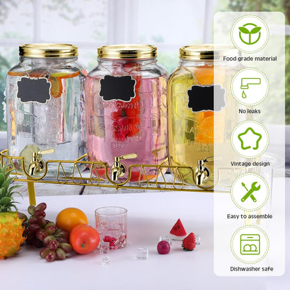 Lallisa 3 Pcs 2.5 Gallon Beverage Dispensers for Parties Glass Drink Water Dispenser with Stand Stainless Steel Leakproof Spigot Ice Cylinder Hanging Chalkboard Signs Pen(Silver)