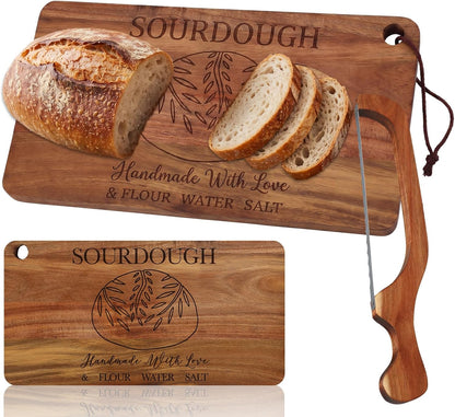 15.3 Inch Acacia Wooden Sourdough Bread Slicer Set, Adjustable Thickness Bread Acacia Cutting Board with Groove Curved Handle Knife for Bakers Sourdough Lover Gifts