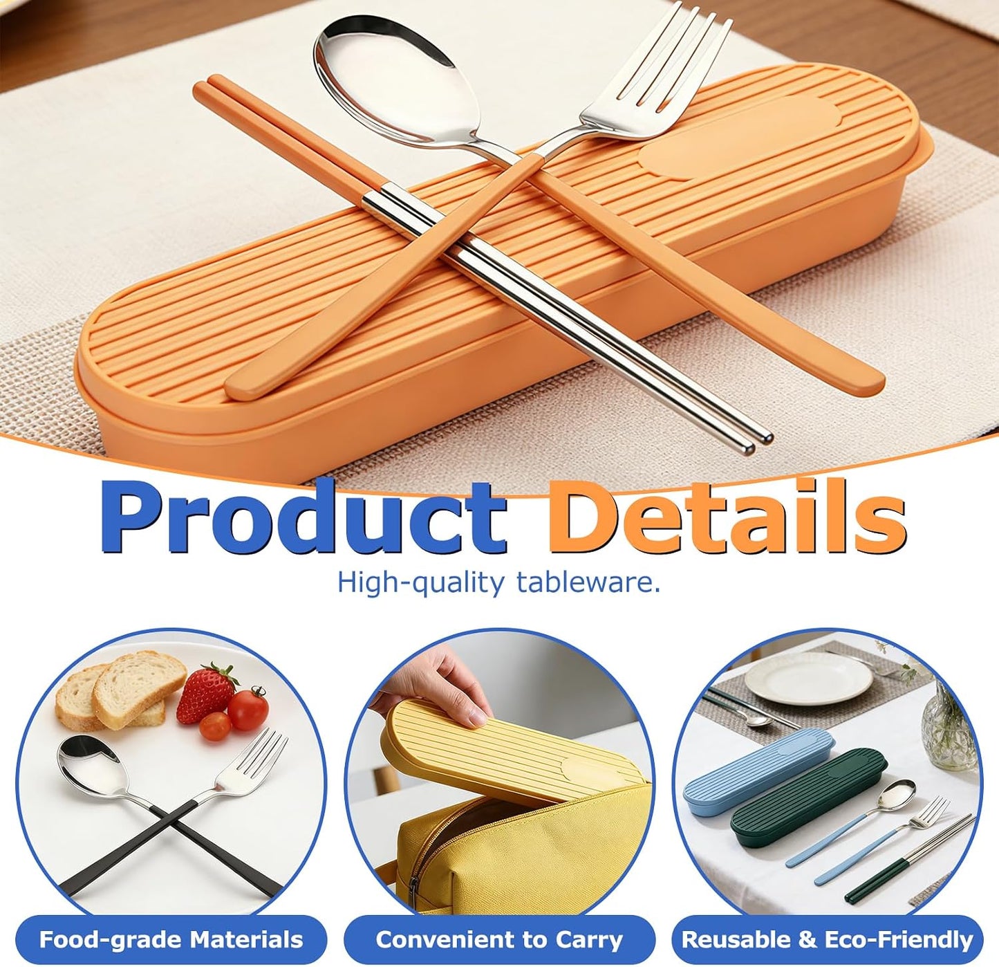 3-Piece Reusable Cutlery Set with Case - Stainless Steel, Heart-Shaped, Includes Chopsticks, Knife, Fork, Spoon, Travel & Camping (ORANGE)