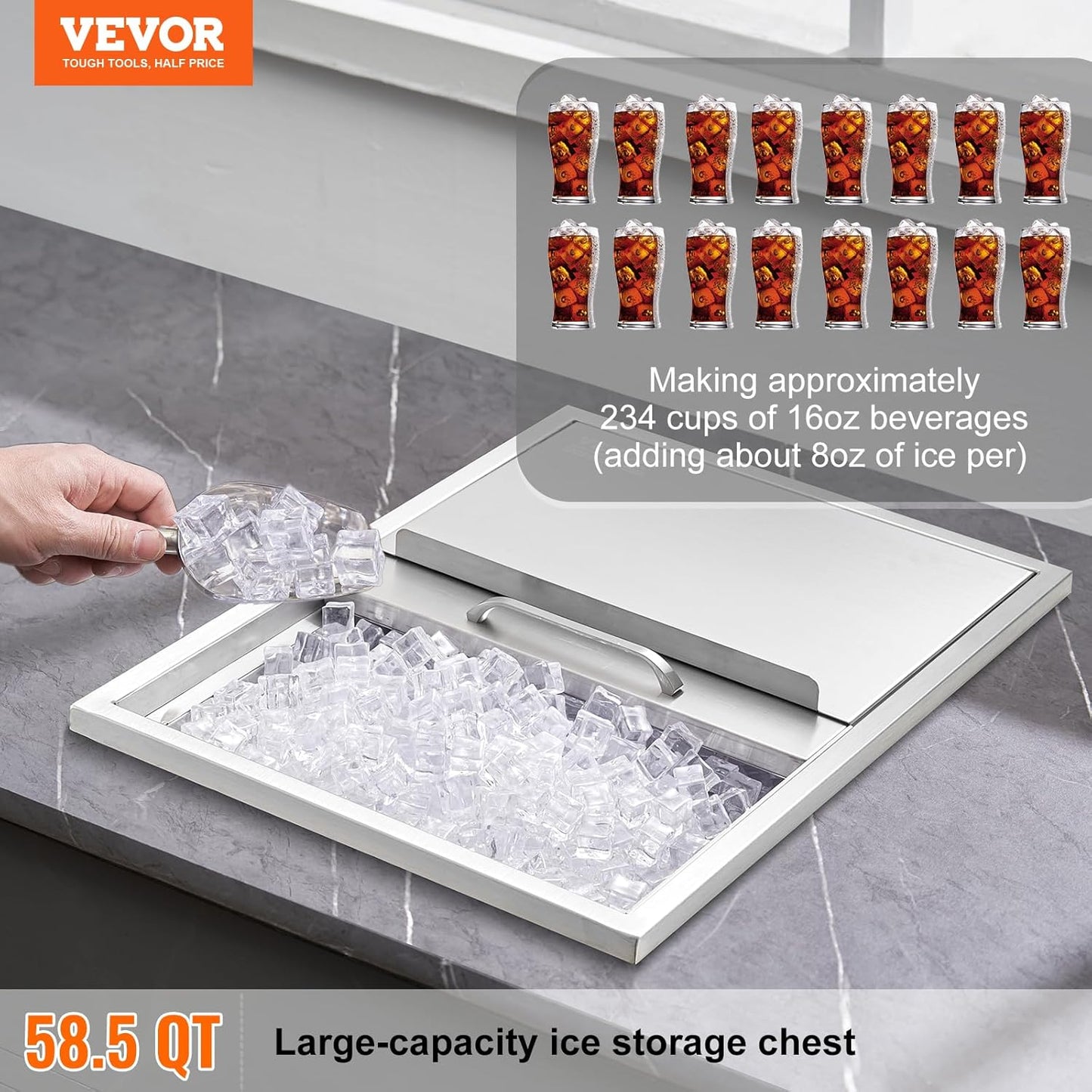 Happybuy Drop in Ice Chest 18L x 12W x 14.5H Inch Stainless Steel Ice Cooler with Sliding Cover Drop in Ice Bin Included Drain-Pipe and Drain Plug for Cold Wine Beer