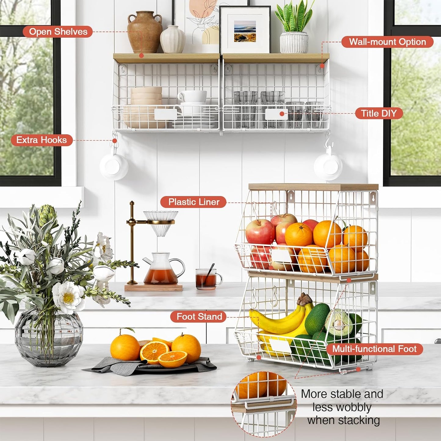 Goozii Hanging Wall Fruit Basket for Kitchen Counter 2 Pack, Stackable Wire Baskets for Organizing with Wood Lid, Potato and Onion Storage Bin with Banana Hook for Vegetable Produce, Black + Rustic