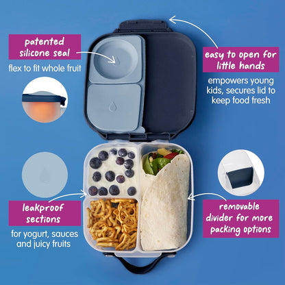 b.box Mini Lunch Box 2-Pack, Leak Proof Bento Box for Kids, 3 Compartment Snack Containers Ages 3+, Lunchbox for Daycare + School, Dishwasher Safe, BPA-Free, PFAS-Free, 4.25 Cup - Blue + Green