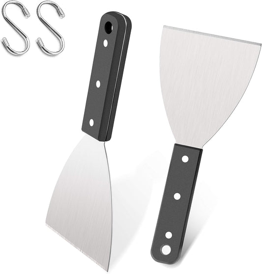 Grill Griddle Scraper Set of 2, Leonyo Stainless Steel Versatile Metal flat Top Grill Scraper for Dough Pancake Pizza Teppanyaki BBQ Home Baking Cooking, Slant Edge & Dishwasher Safe