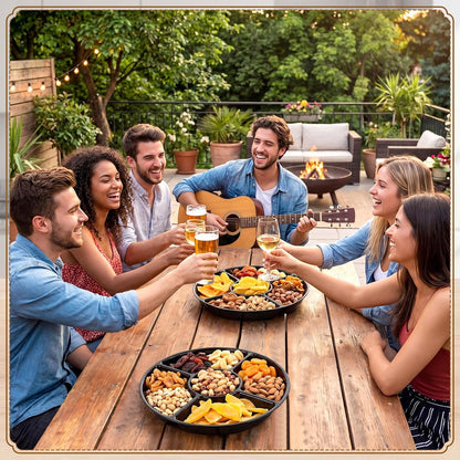 24 Pcs 5 Sectional Plastic Divided Serving Trays Bulk 12 Inch Round Chip and Dip Plates Fruit Veggie Appetizer Platter Snack Tray for Holiday Party Family Gathering(Black)