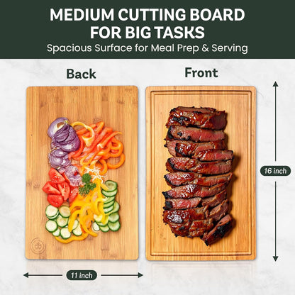 Bamboo Cutting Board Set for Kitchen - 3 Piece Reversible Wooden Cutting Boards, Wood Chopping Boards for Meat, Bread, Fruit, Cheese, Meal Prep, Wood Board and Charcuterie Serving Boards by Bambusi
