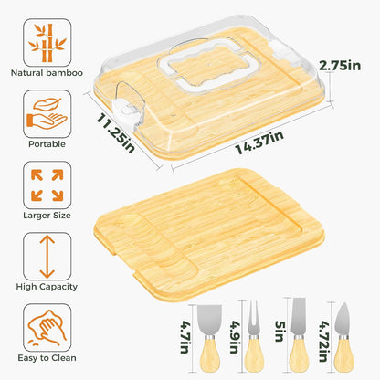 MinBoo Bamboo 2-in-1 Charcuterie Board with Lid,Travel Portable Bamboo Cheese Board, Covered Serving Tray, Large Cutting Board for Kitchen,House Warming Birthday Gifts for Her Him Women Men Mom Dad