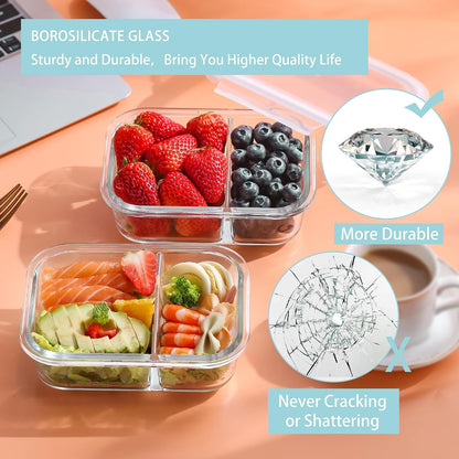 Bayco 10 Pack Glass Meal Prep Containers 2 Compartment, Glass Food Storage Containers with Lids, Airtight Lunch Bento Boxes, Leak Proof (10 lids & 10 Containers)