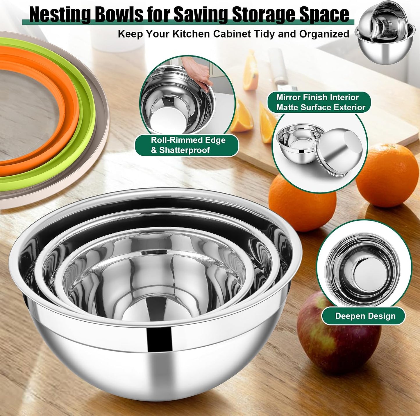 E-far Mixing Bowls Set of 5, Stainless Steel Salad Mixing Bowl with Transparent Lid, Metal Nesting Bowl Attach with 3 Graters for Kitchen Prepping/Serving/Baking/Storage, 4.6/2.6/1.5/1/0.7 QT - Black
