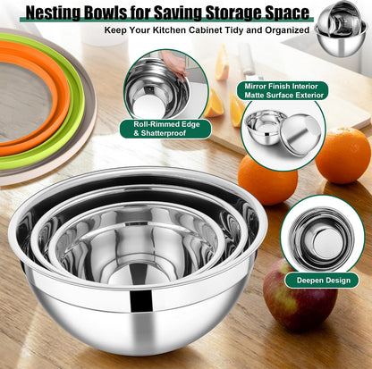 E-far Mixing Bowls Set of 5, Stainless Steel Salad Mixing Bowl with Transparent Lid, Metal Nesting Bowl Attach with 3 Graters for Kitchen Prepping/Serving/Baking/Storage, 4.6/2.6/1.5/1/0.7 QT - Black