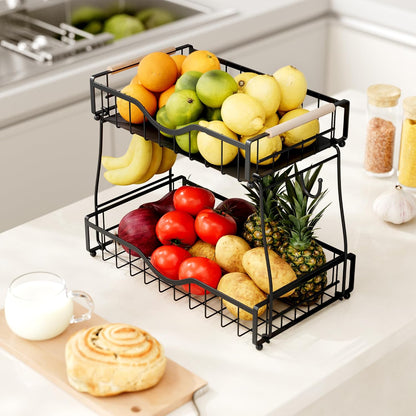3 Tier Fruit Basket for Kitchen Countertop with 2 Banana Hangers,Detachable Metal Fruit Bowl with Wooden Handles and Protective Pads,Large Capacity Fruit and Vegetable Basket Organizer,Black