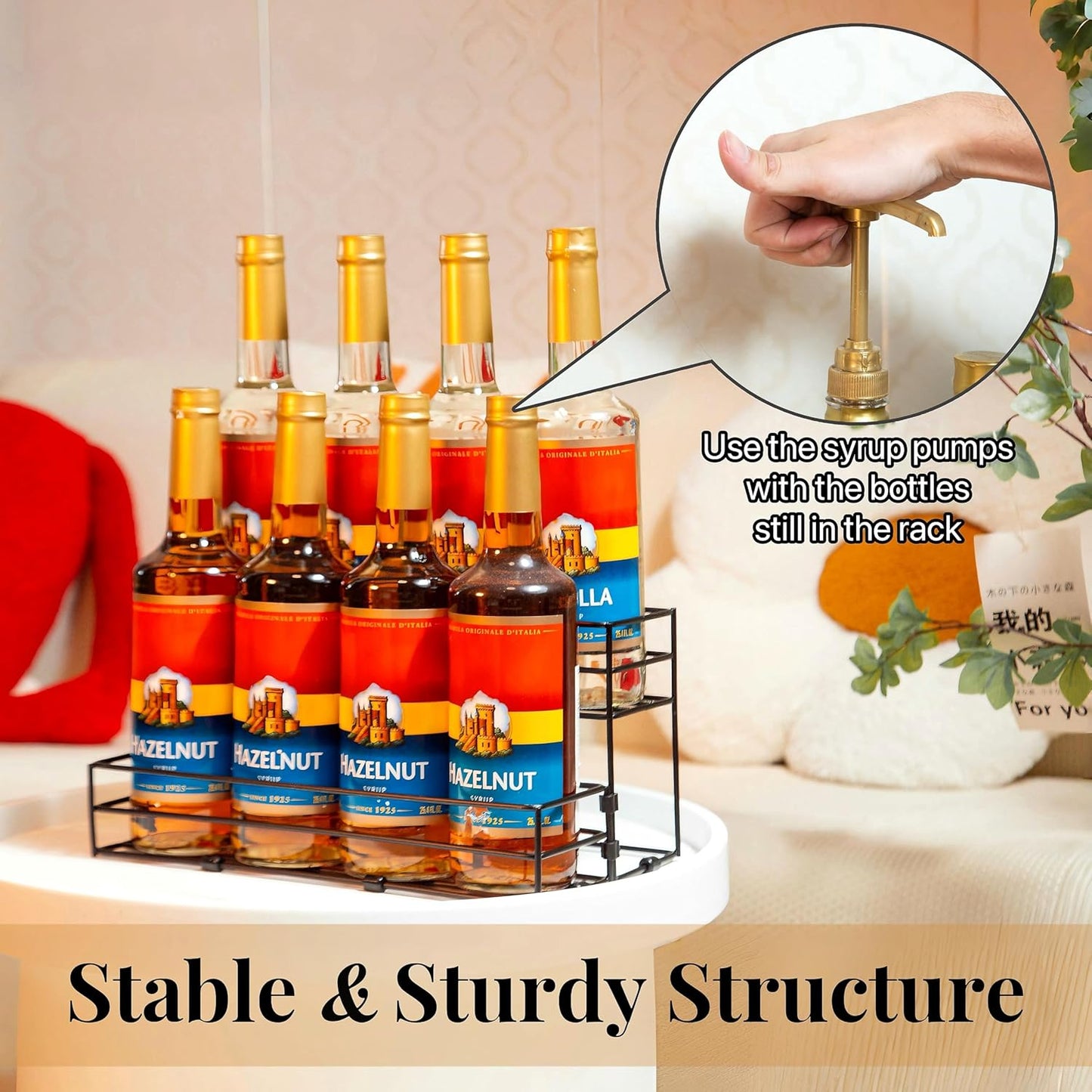 8 Bottles Coffee Syrup Rack Organizer, Coffee Syrup Stand Holder, 2 Tier Coffee Syrup Organizer for Coffee Bar Station, Wine Rack for Countertop, Bottle Display Shelf for Cocktail, Dressing