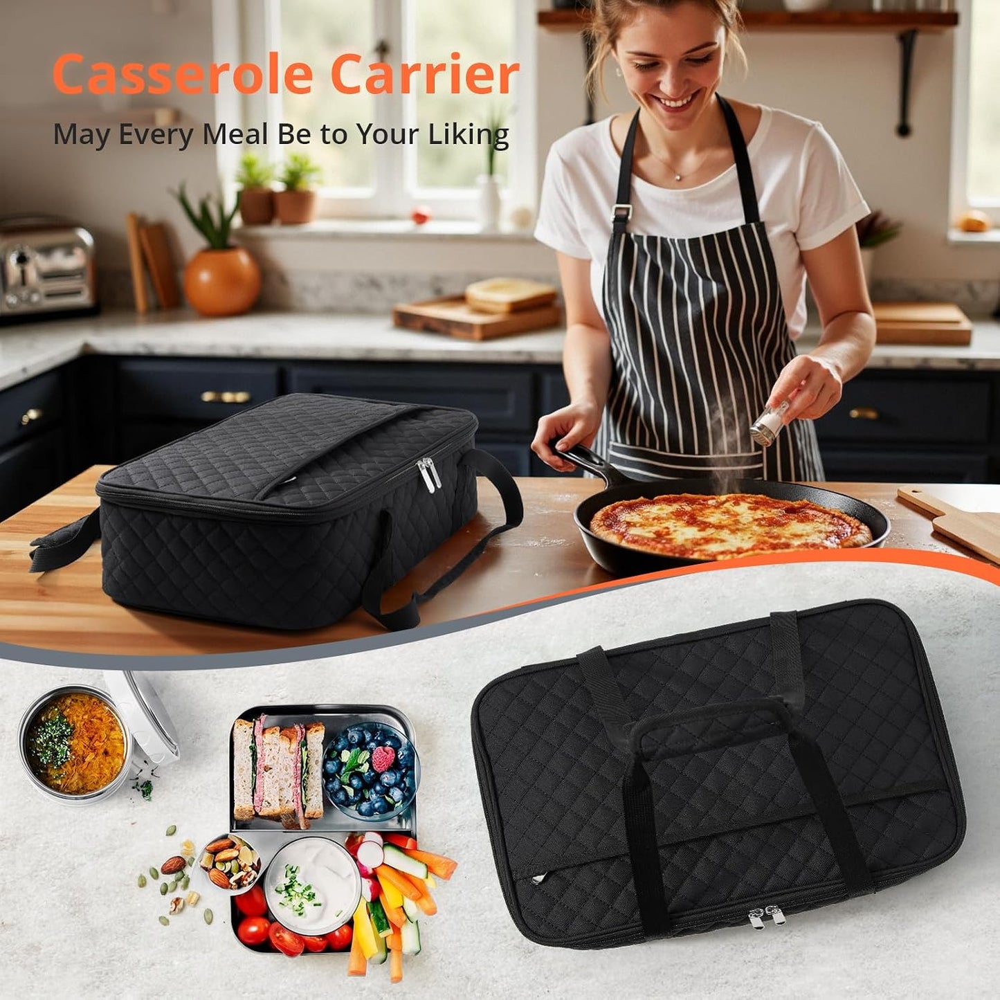 Insulated Casserole Carrier Portable Food Tote for Hot or Cold – Fits 9"x13" Baking Dish, Lasagna Holder for Parties, Picnic, Travel, Beach - Black