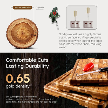 Teak Wood End Grain Cutting Board Set of 2 with Non-slip Feet, Reversible Cutting Boards for Kitchen with Juice Grooves and Handles Non Toxic Chopping Board Butcher Block Serving Tray Kitchen Gift