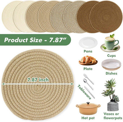 8 Inch Cotton Rope Trivets for Hot Dishes Set of 8 Heat Resistant Mats for Countertop Potholders for Kitchens Trivets for Hot Pots and Pans and Quartz Countertops Farmhouse Kitchen Décor, Mixed Brown