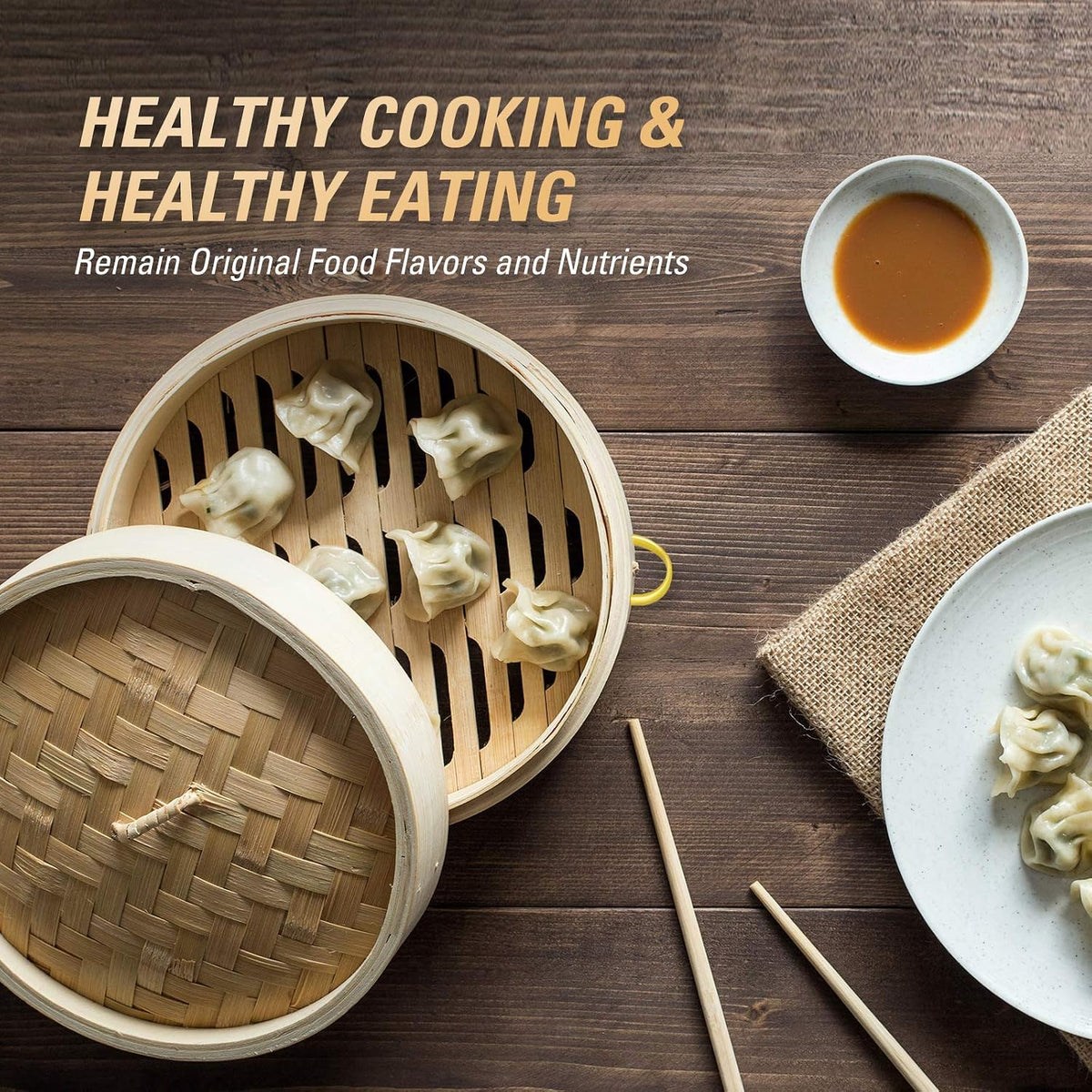 MacaRio 10 Inch Bamboo Steamer Basket Set Dumpling Steamer for Cooking