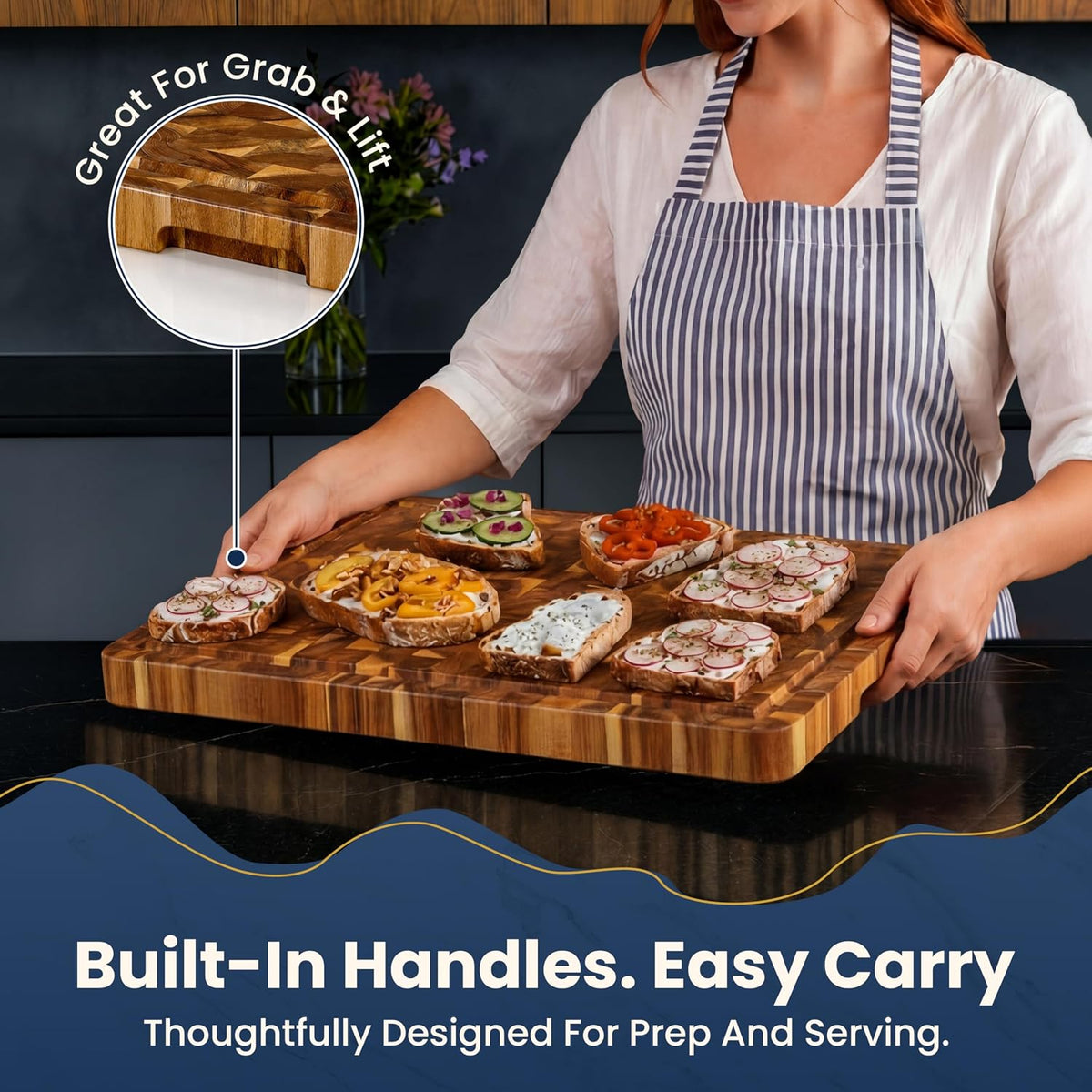 HOMESTEAD End Grain Acacia Wood Cutting Board 23x18x1.5, Reversible Butcher Block Board for Kitchen with Deep Juice Groove, Handles, Knife-Friendly Surface for Meat Chopping and Charcuterie Serving