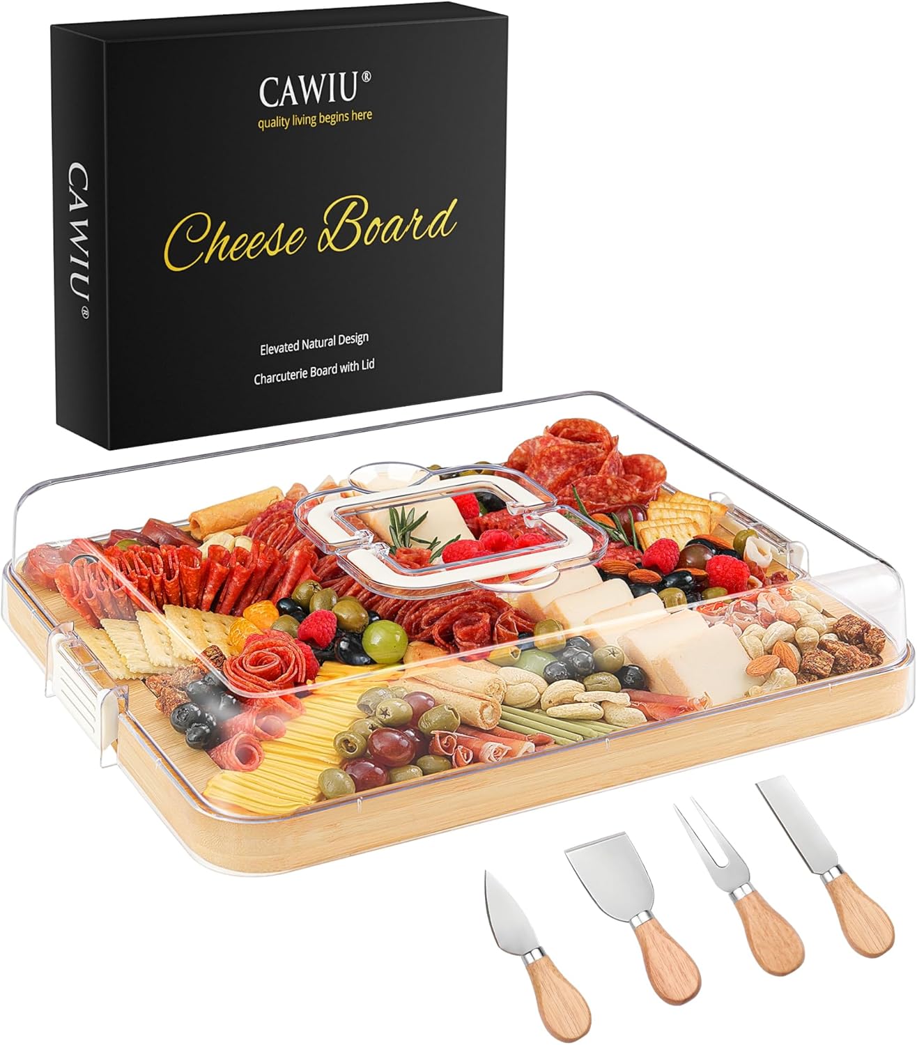 CAWIU Portable Travel Charcuterie Board with Lid and Handle - Large Bamboo Cheese Board with 4 Cheese Knife Set for Outdoor, Picnics - Weddings, House Warming Gift for Women (1 Compartment, White)