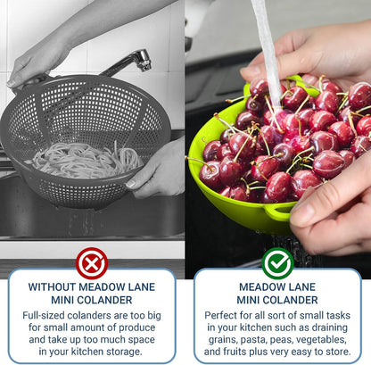 Meadow Lane 6-inch Small Colander, BPA-Free, Dishwasher Safe, Double Handles, Compact Food Strainer for Berries, Veggies and Pasta, 3-Cup Capacity, Smooth White
