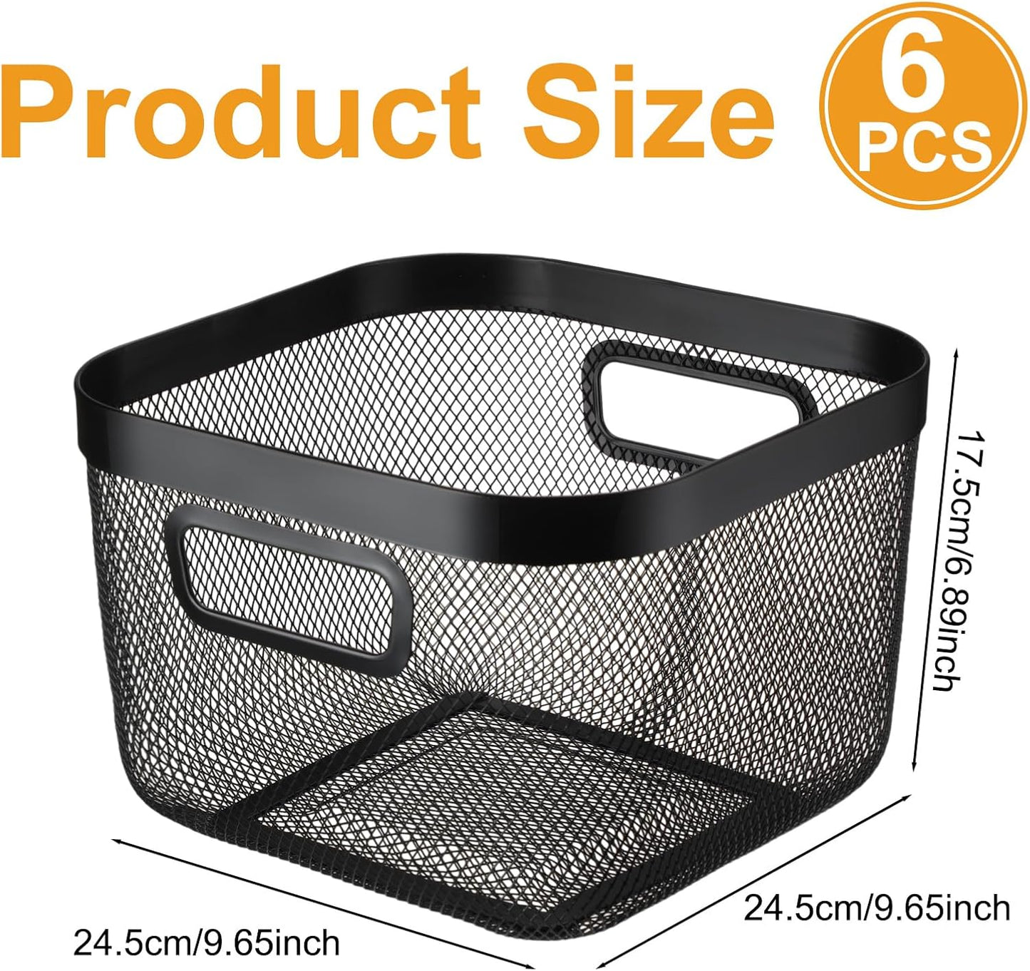 MorningRo 6 Pack Metal Mesh Basket with Hollow Handles Black Wire Storage Bin for Organizing Stackable Metal Fine Mesh Basket for Pantry Bathroom Kitchen Cabinets Shelves (Medium)