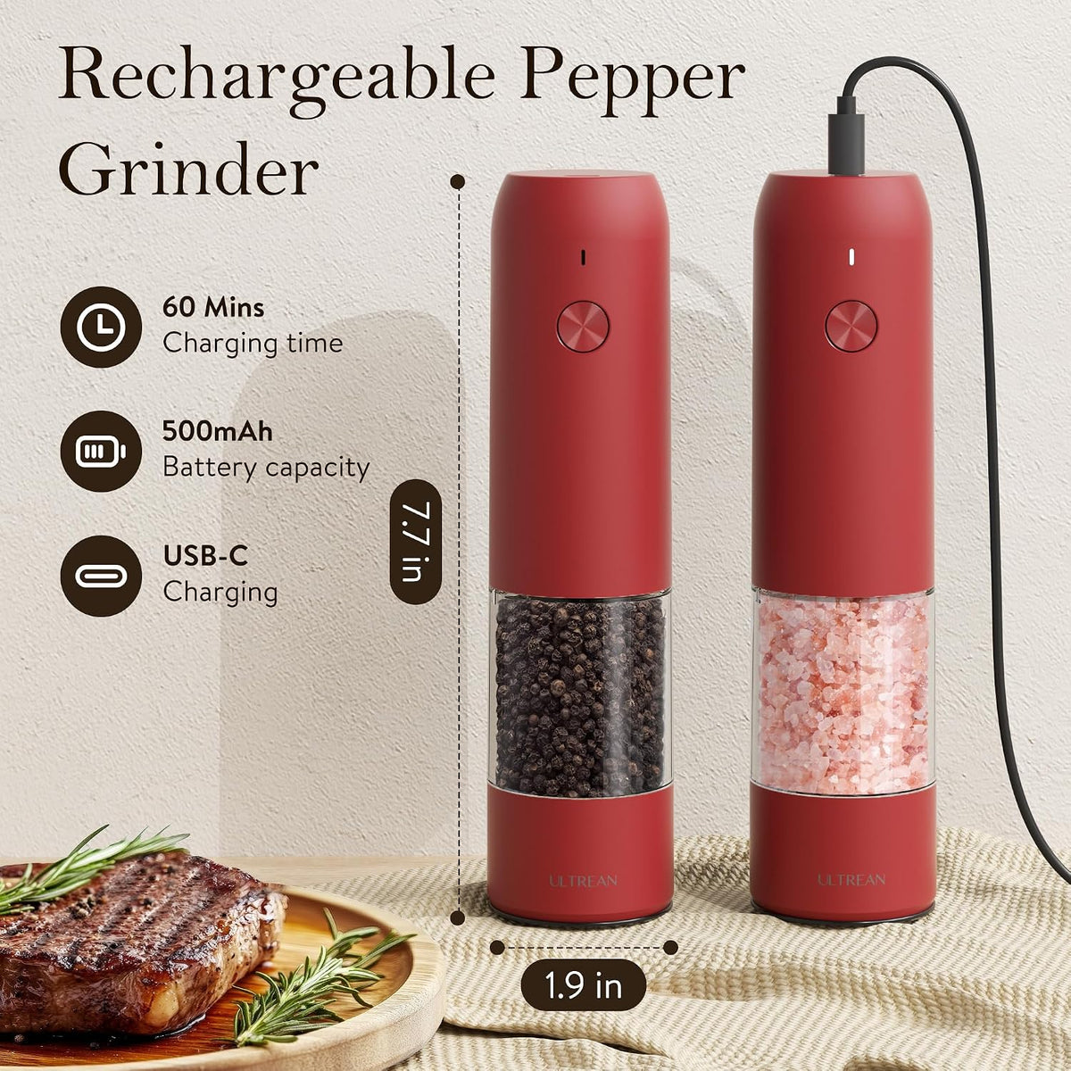 Ultrean Electric Salt and Pepper Grinder Set, Rechargeable,Matte Black