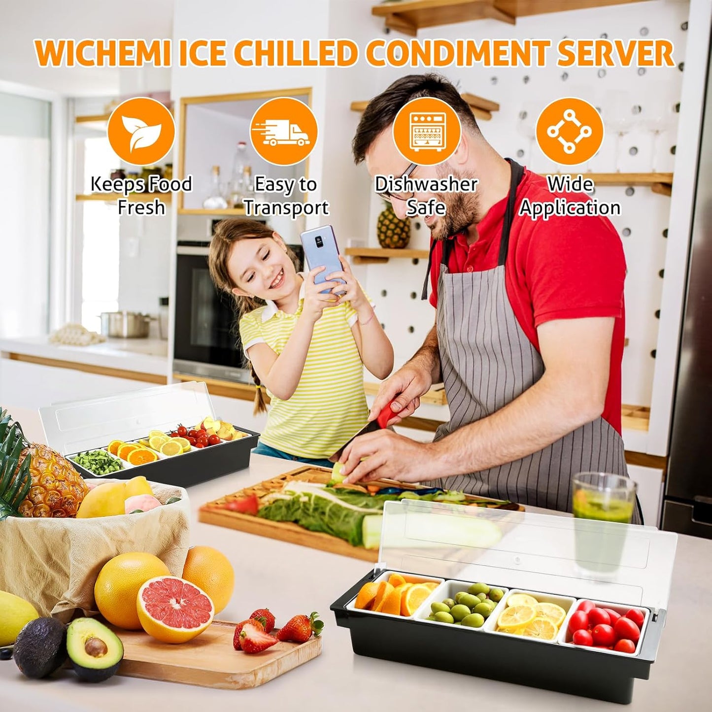 WICHEMI Fruit, Veggie & Condiment Caddy with Lid Dispenser Tray Plastic Garnish Station for Bartending & Serving Taco, Ice Cream, Salad Bar - Topping Organizer for Restaurant Supplies (3 Compartment)