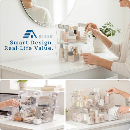 HOMESTEAD Set of 4 Stackable Storage Bins, 2 Large + 2 Small Clear Plastic Organizer Bins, Open Front Design for Kitchen Pantry, Fridge, Cabinet, Bathroom Organization and Snack Storage